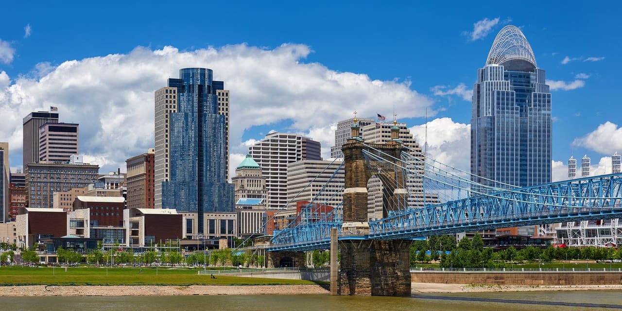 Cincinnati skyline and Ohio River bridge at dusk